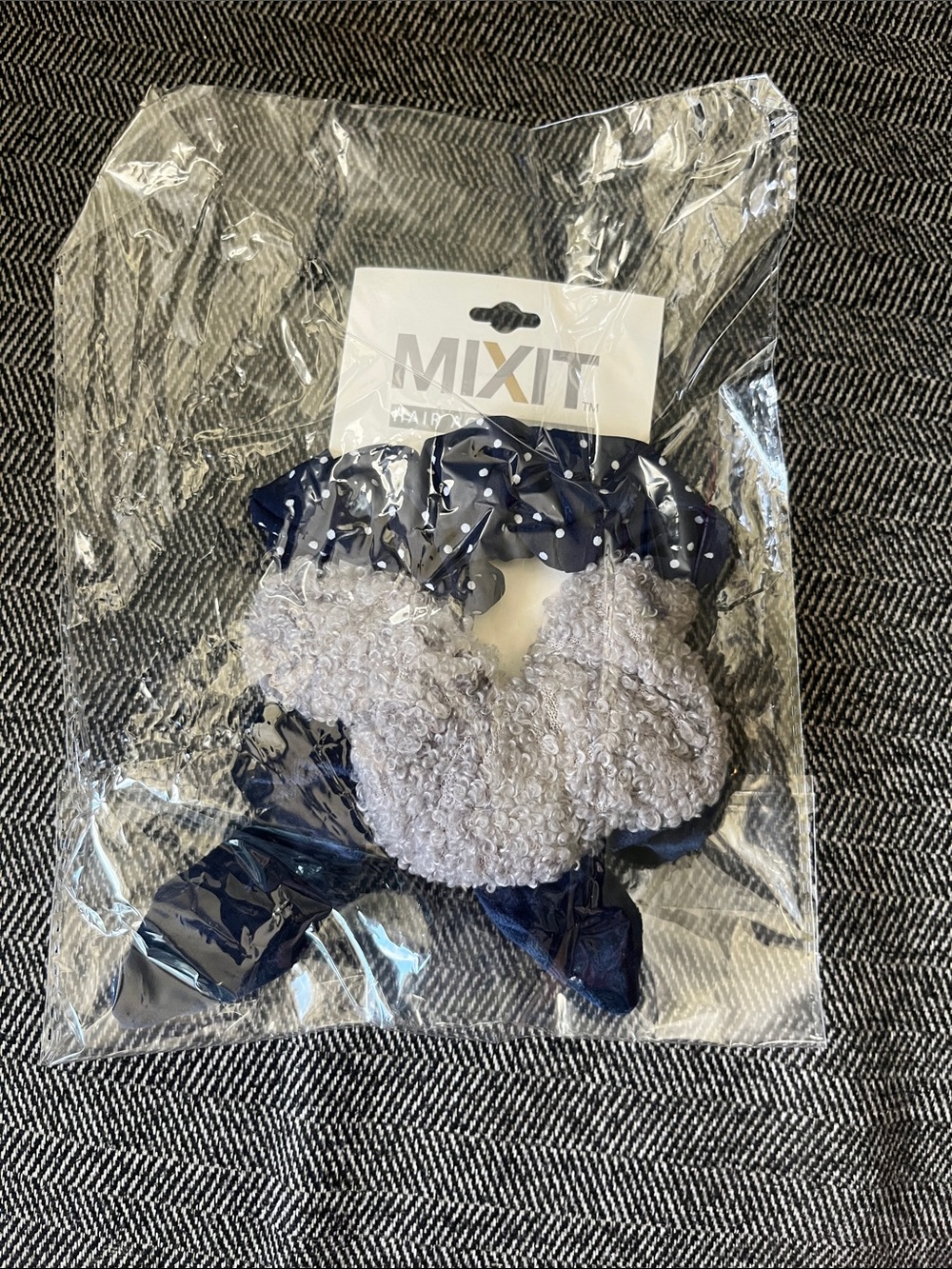 2/$10 Mixit Navy Polka Dot & Light Gray Fuzzy Hair Scrunchie Set